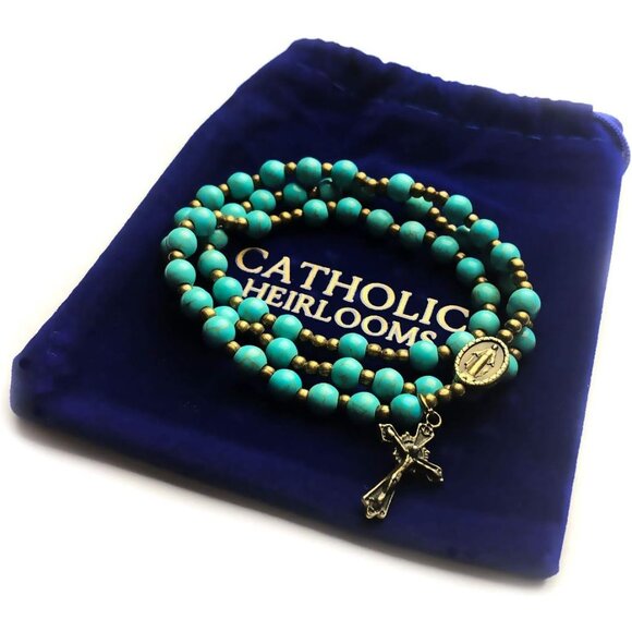 Turquoise Stone Catholic Rosary Bracelet for Women with Miraculous Medal Charm - Picture 3 of 6